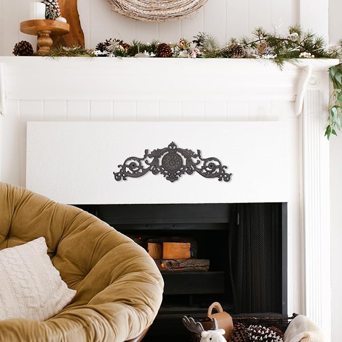 Sungmor Antique Style Cast Iron Wall Decor - Ornate Scroll and Floral Design Metal Plaque for Home or Garden Décor - Fireplace Mantel, Furniture Decorative Accent - 17.5 Inch & Rustic Black Finish