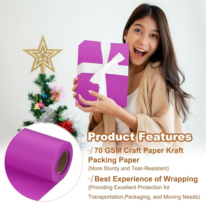PATIKIL Wrapping Paper, 12" x 394"(33') 70 GSM Craft Paper Roll Kraft Packing Paper for Poster Bulletin Board, Gift Wrapping, Purple