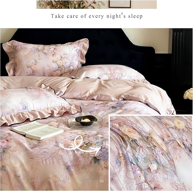 HighBuy French Ruffle Duvet Cover Queen Size,Brushed Cotton Soft Pink Floral Chic Cottagecore Bedding Set Breathable for Hot Sleepers,Durable Comforter Cover Set - 1 Duvet Cover 2 Pillowcases