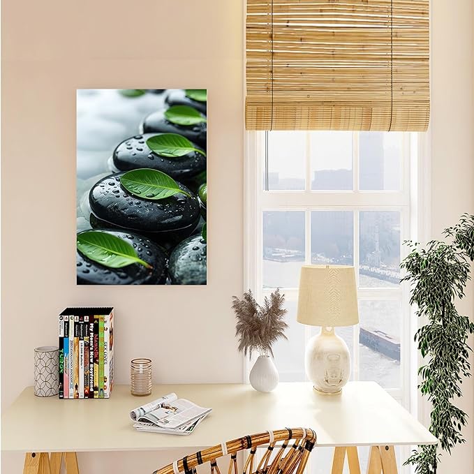 Glittering black stone cluster with fresh green leaves and water drops poster tranquil mist rain wall art zen wall art suitable for modern minimalist home decor 12x18in Frameless