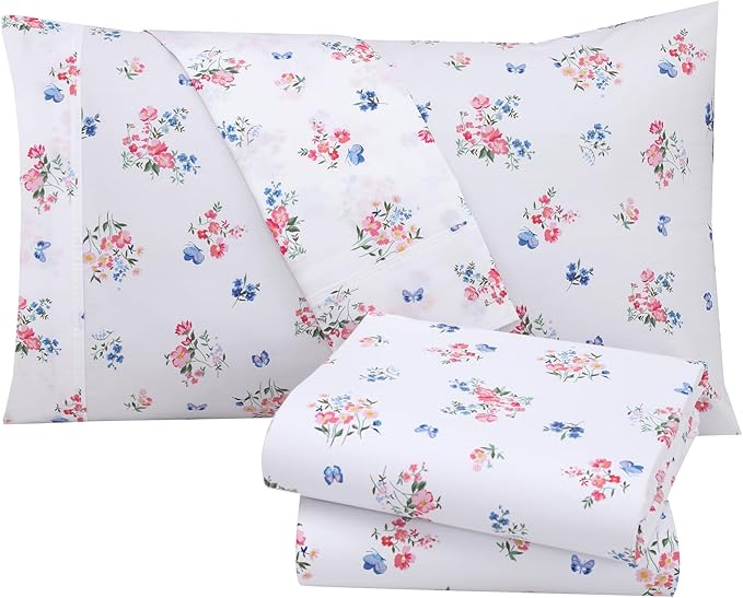 RUVANTI 100% Cotton California King Sheet Sets, 4 Pieces, Soft & Breathable Percale Weave Bedding, Deep Pocket 14", Hotel Standard, Crisp Cool Feel & Durable, Perfect Floral Sheets, Funa Flora