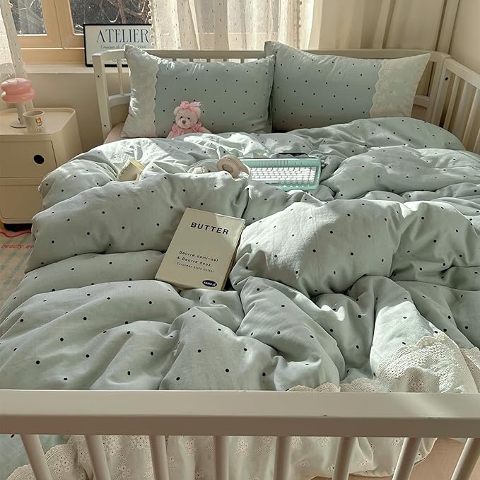 VM VOUGEMARKET Lace Comforter Set Queen Cute Black Dots Bedding Set,Soft Microfiber Princess Style Comforter/Quilt with 2 Pillowcases,Romantic &Elegant-Sage Green,90"x90"