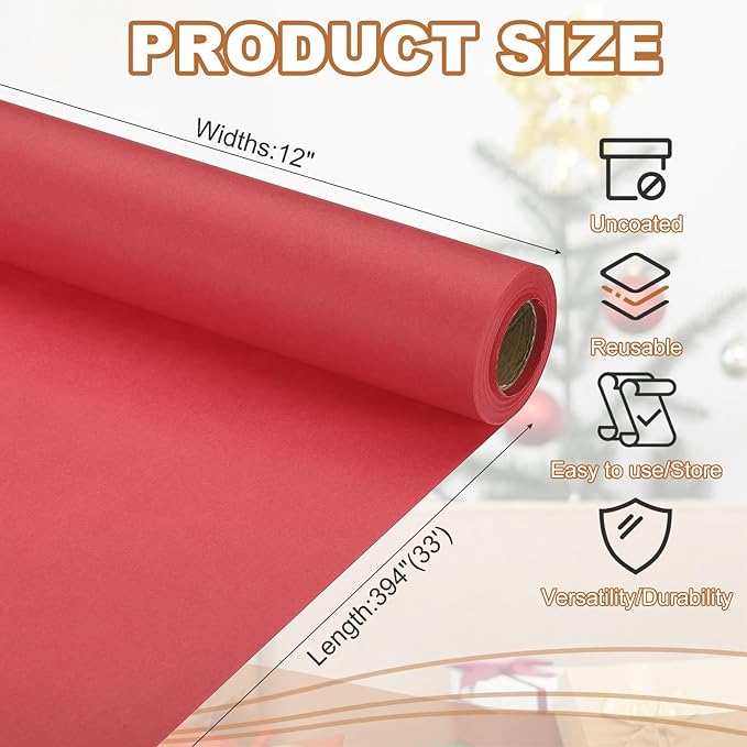 PATIKIL Wrapping Paper, 12" x 394"(33') 70 GSM Craft Paper Roll Kraft Packing Paper for Poster Bulletin Board, Gift Wrapping, Red