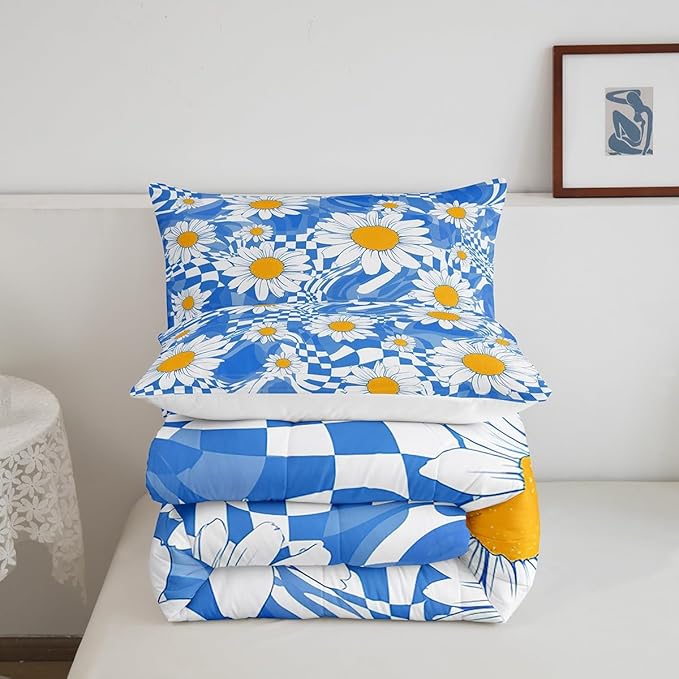 Castle Fairy Kids Abstract Bedding Set for Boys Girls,White Daisy Flowers All Season Cozy Comforter Set Home Decor,Blue Zebra Stripes Geometric Plaid Duvet Set for Chic Birthday Gift, Full Size