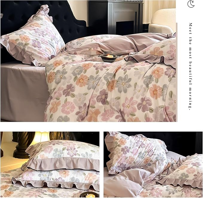 HighBuy Chic Floral Ruffle Duvet Cover Full Size,Boho Vintage Brushed Cotton Floral Bedding with Ruffle,Durable Bedding,Farmhouse Comforter Cover Sets 1 Duvet Cover and 2 Pillowcases