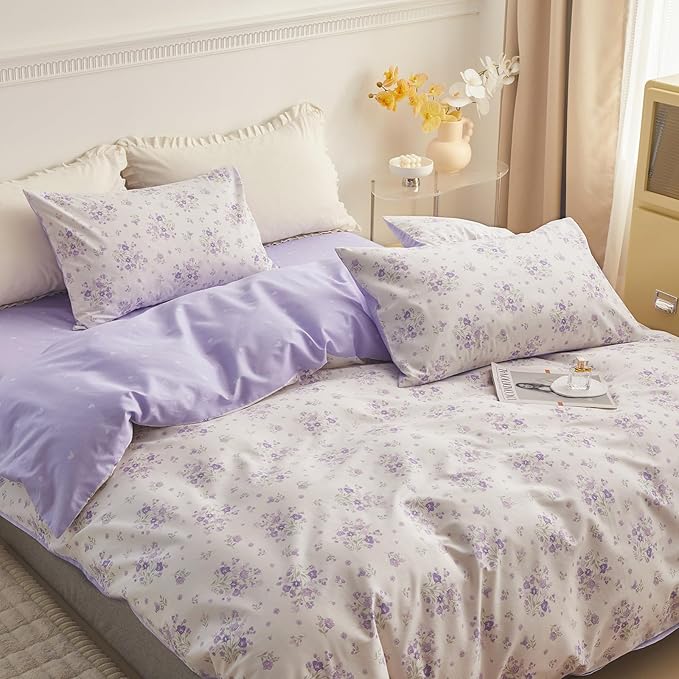 LifeTB Purple Flower Duvet Cover Full 100% Cotton Girls Floral Comforter Cover Vintage Style Botanical Flower Boho Floral Cottagecore Comforter Cover with 2 Pillowcases