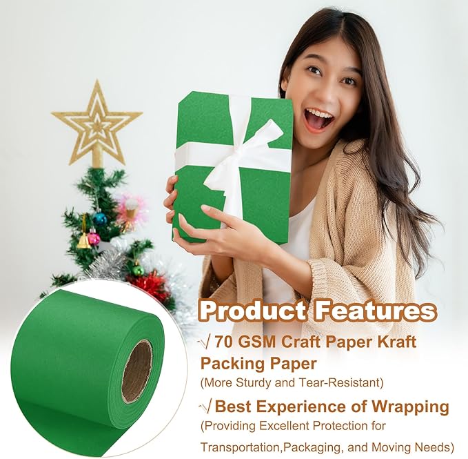 PATIKIL Wrapping Paper, 17" x 450"(37') 70 GSM Craft Paper Roll Kraft Packing Paper for Poster Bulletin Board, Gift Wrapping, Green