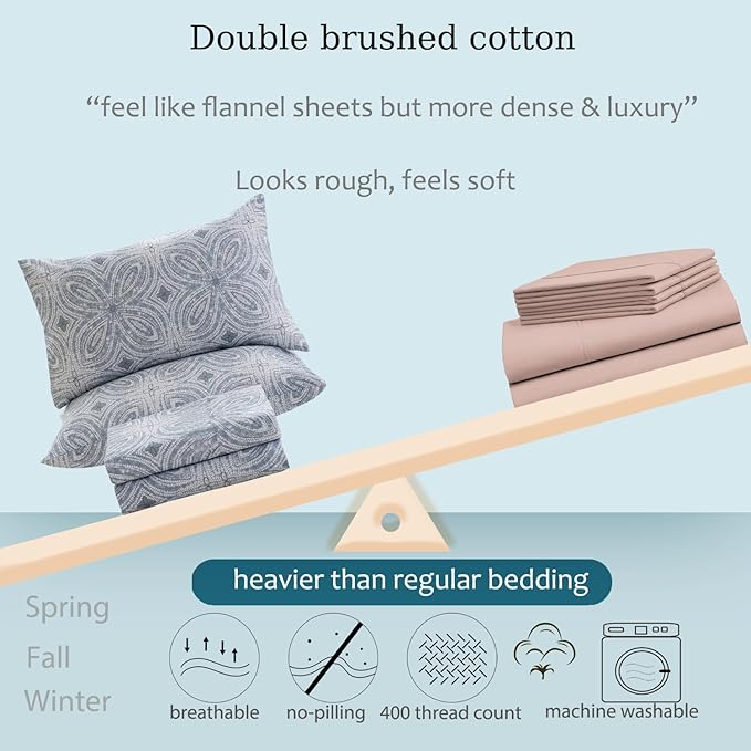 Zusbest Queen Sheet Set 100% Percale Cotton Grey Printed Bed Sheet Set, Brushed for Extra Softness, Luxury Flannel Like Sheets Modern Classic Navy Printed Deep Pocket Sheets 17.5'' 4 Pcs