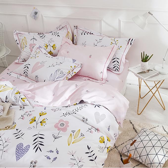 Girls Duvet Cover Queen Floral Bedding Sets White Pink Premium Cotton Colorful Pink Flower Aesthetic Bedding Cover Queen for Teens Women Reversible Comforter Cover Boho Branches Bedding Collection