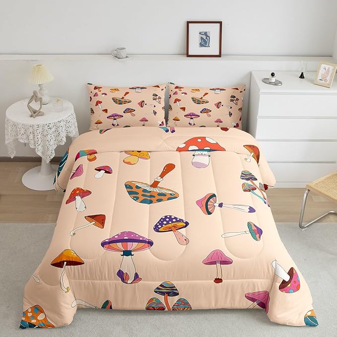 Castle Fairy Retro Mushroom Queen Size Comforter Set,Hippie Plant Bedding Set with 2 Pillowcases,60s 70s Cartoon Style Breathable Polyester Bedding Comforters
