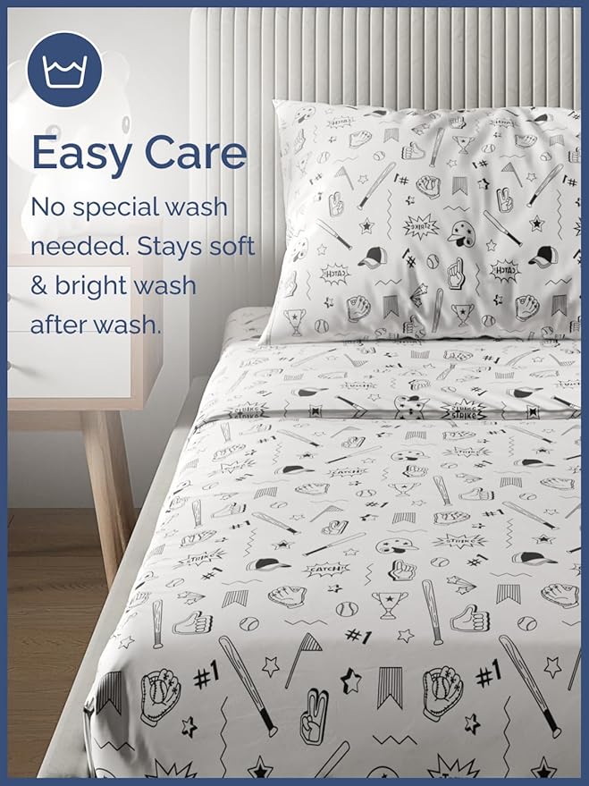 Kids Baseball Queen 4 Piece Sheet Set - Boys, Girls, Teens, Toddler - Easy Fit Deep Pockets - Breathable, Hotel Quality Bedding Sheets - Machine Washable - Wrinkle Free - Cute, Cozy, Soft - CGK Linens
