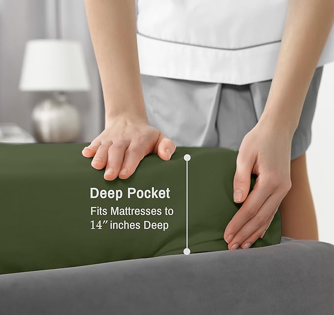 RUVANTI 100% Cotton California King Sheet Sets, 4 Pieces, Soft & Breathable Percale Weave Bedding, Deep Pocket 14", Hotel Standard, Crisp Cool Feel & Durable, Perfect Dyed Sheets, Chive