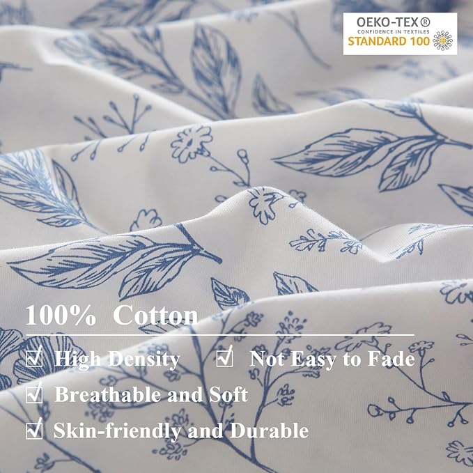 EAVD Cotton Bed Linen Set, Twin XL - Vintage Style Garden Blue Floral Duvet Cover with 2 Pillowcases