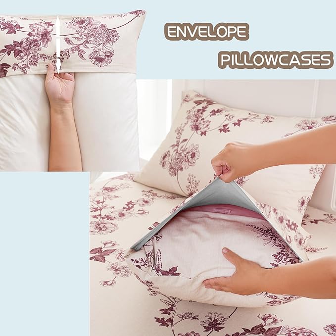 Zusbest King Size Sheets 100% Percale Cotton Red Floral Bed Sheet Set, Brushed Extra Softness, Breathable Luxury Toile Flannel Like Sheets Shabby Vintage Flower Print Deep Pocket Bed Set 17.5'' 4 Pcs