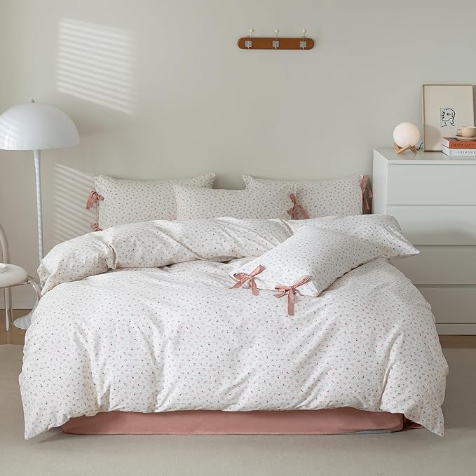 EAVD Garden Style Pink Floral Duvet Cover Queen Soft 100% Cotton Fresh Floral Pattern Bedding Set with 2 Pillowcases Chic Shabby Botanical Floral Comforter Cover with Zipper Closure