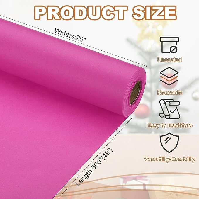 PATIKIL Wrapping Paper, 20" x 600"(49') 70 GSM Craft Paper Roll Kraft Packing Paper for Poster Bulletin Board, Gift Wrapping, Rose Pink