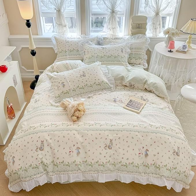 LifeTB Botanical Floral Comforter Set Full Size Cute Flower Leaves Rabbit Pattern Comforter Reversible Green Plaid Comforter Girls Princess Bedding Set Lace Ruffle Comforter Set for Kids Teen Girls