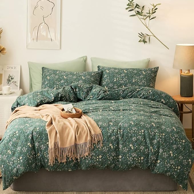 EAVD Vintage Green Floral Duvet Cover Full Size 100% Jersey Cotton Cottagecore Floral Bedding Set with 2 Pillowcases Chic Shabby Reversible Botanical Duvet Cover with Zipper Closure