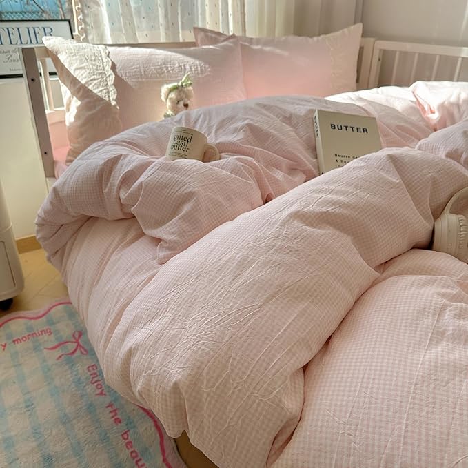 VM VOUGEMARKET Pink Full Comforter Set 3 Pieces Romantic Lace Bedding Set Simple Cozy Plaid Gingham Comforter/Quilt for Teen Girls Students