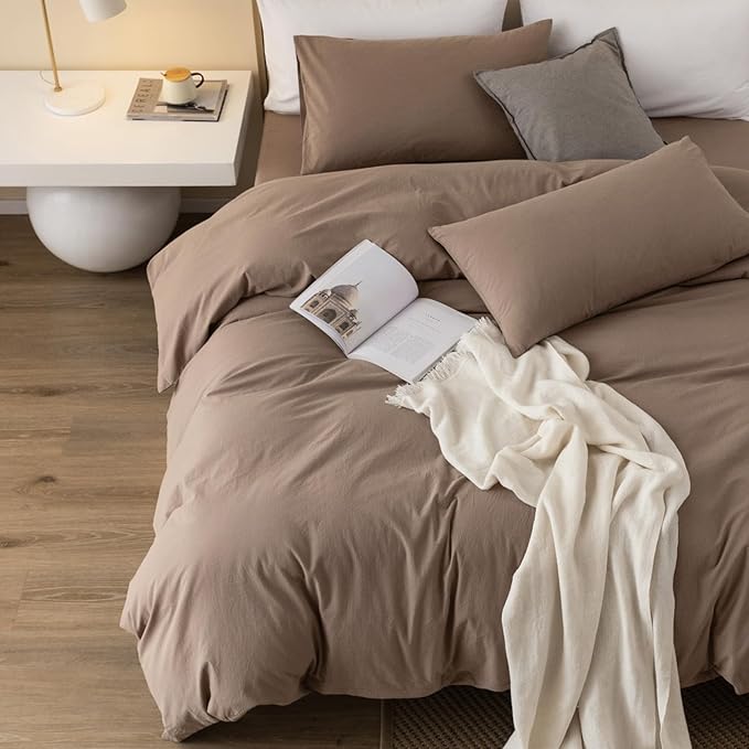 JIYUAN 100% Washed Cotton Duvet Cover Set 3 Pieces Oversized King, 1 Duvet Cover 120x98 Inches(Comforter Not Included) and 2 Pillowcases,Linen Feel Bedding Set Comfy and Breathable,Light Brown