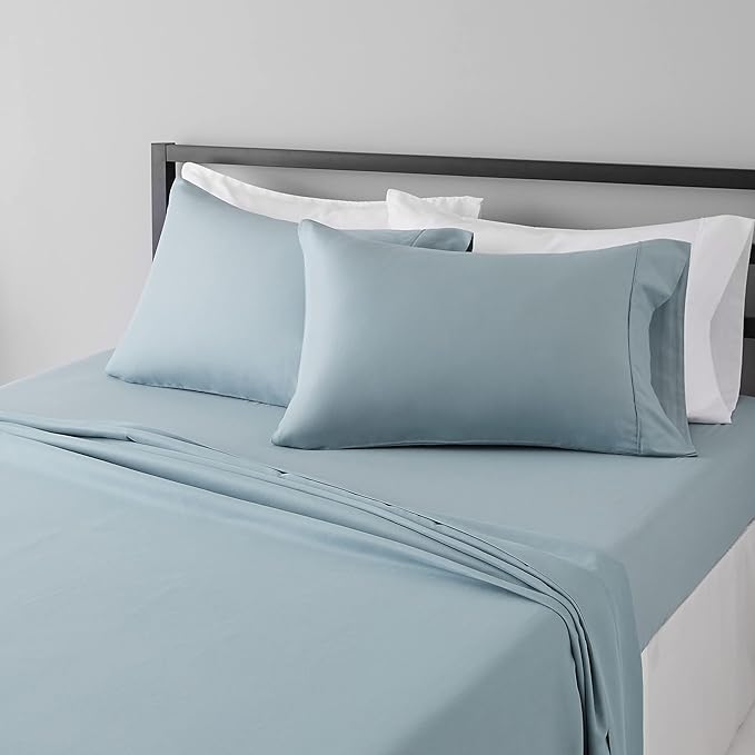 Amazon Basics Lightweight Super Soft Easy Care Microfiber 4 Piece Bed Sheet Set with 14-Inch Deep Pockets, King, Spa Blue, Solid