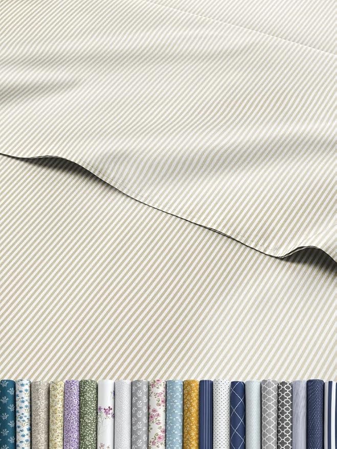 Biege Striped Sheets - Cream Bed Sheet Set - 1 Flat & 1 Fitted & 2 Pillowcases w/ Deep Pockets - Cozy, Wrinkle & Fade Resistant - Soft, Breathable, Cooling - Luxury Pinstripe Bedding - Queen Size