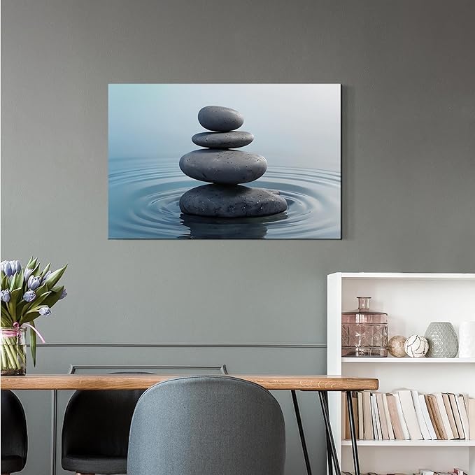 Zen wall art Harmonious grey stones stacked on a calm surface of water Serene Zen decor suitable for tranquil homes and spaces of meditation 20x30in Frameless