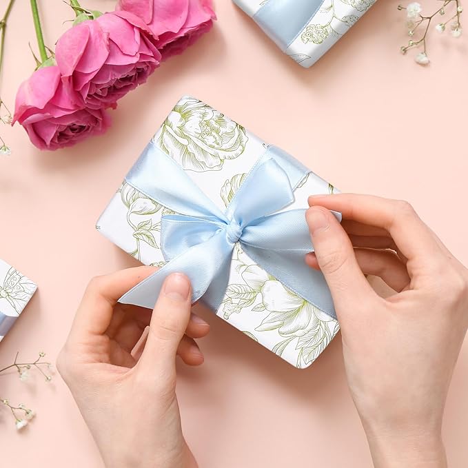 RayofSun Green Floral Wrapping Paper Roll 17 in x 16.5 ft Mini Roll Vintage Toile Flower Gift Wrap Paper for All Occasion Wedding Birthday Bridal Shower Party Baby Shower Christmas
