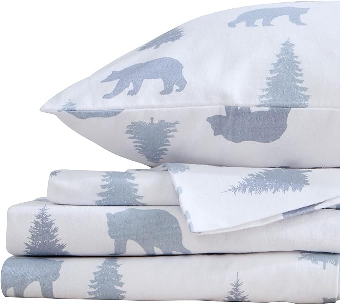 Market & Place 100% Turkish Cotton Flannel Sheet Set | 4 Piece Deep Pocket Novelty Cozy Winter Bed Sheets | Double Brushed for Extra Softness & Comfort | Alpine Collection (Queen, Grey Bears)