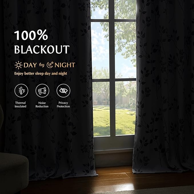 Beauoop Floral 100% Blackout Curtains 54 Inch Length 2 Panels for Bedroom Living Room Grey White Flower Patterned Room Darkening Thermal Insulated Soundproof Grommet Window Treatments Drapes, 52X54