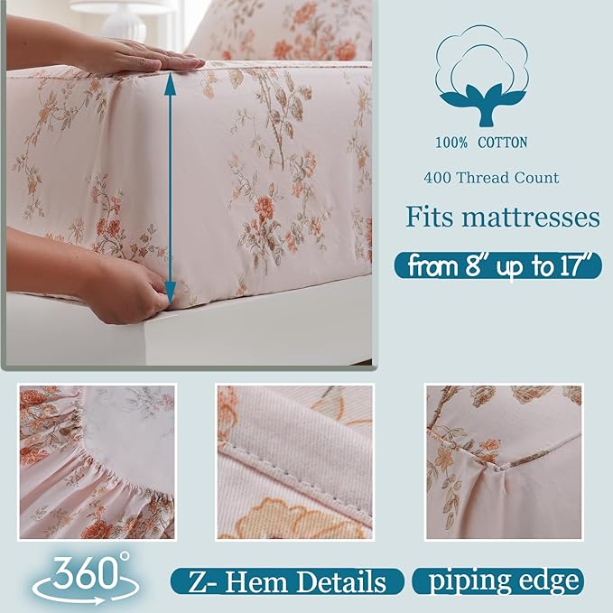Zusbest King Size Sheets 100% Percale Cotton Orange Floral Bed Sheet Set, Brushed for Extra Softness, Breathable Luxury Flannel Sheets Like Shabby Vintage Flower Print Deep Pocket Bed Set 17.5'' 4 Pcs