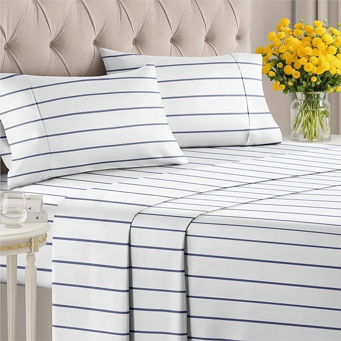 Striped Sheets - Navy Blue & White Striped Sheets - 1 Flat & 1 Fitted & 2 Pillowcases w/ Deep Pockets – Wrinkle & Fade Free - Breathable & Cooling – Luxury Pinstripe Bedding - Cal King Size Bed Set