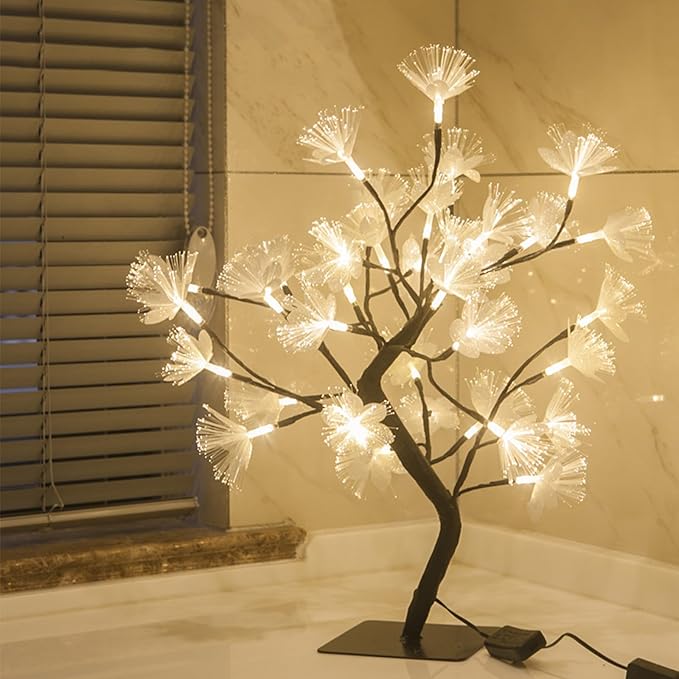 Drawelry Fiber Optic Flower Tree Lamp - 48 LED Table Night Light USB Powered Artificial Flower Bonsai Tree Lamp Bedroom Living Room Decor Valentine's Day Birthday Gift for Women Girls Mother (White)