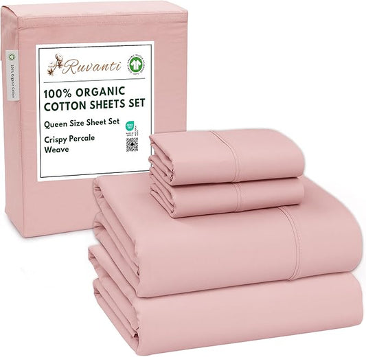 RUVANTI 100% Organic Cotton Sheets Queen Size, Percale Weave, GOTS Certified, 4-Piece Set, Deep Pocket 15", Crisp & Breathable, Soft Durable Bedding, Sábanas Algodón Orgánico –Peach Skin