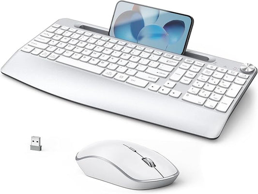 JOYACCESS Ergonomic Wireless Keyboard and Mouse, Full Size Wireless Keyboard Designed with Phone Holder and Wrist Rest,Volume Roller for Computer Mac PC Laptop-Silver