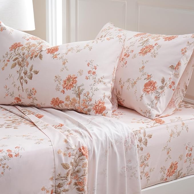 Zusbest Full Size Floral Bed Sheets 100% Percale Cotton Orange Brushed for Extra Softness, Breathable Luxury Flannel Sheets Like Shabby Vintage Flower Print Deep Pocket Fitted Sheet 17.5'' 4 Pcs