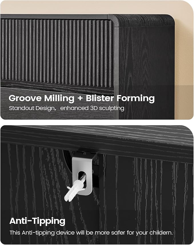 AOGLLATI Modern 6 Drawer Dresser for Bedroom, 47" Wide Fluted Double Black Dressers & Chests of Drawers with Curved Profile Design for Bedroom,Black