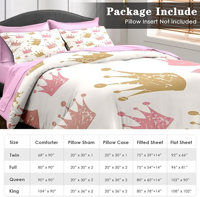 Comforter Set Twin Size, Cute Kids Crown 5 Pcs Bedding for Kids and Adults, Pink Princess Girls Bed Sheet Sets with Fitted Sheet Pillowcase & Sham for Bedroom Bed Decor