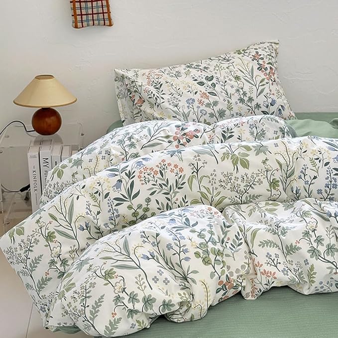 EAVD Vintage Style Garden Botanical Duvet Cover King Soft Cotton Chic Shabby Colorful Leaves Floral Bedding Set with 2 Pillowcases Fresh Floral Duvet Cover with Zipper Closure