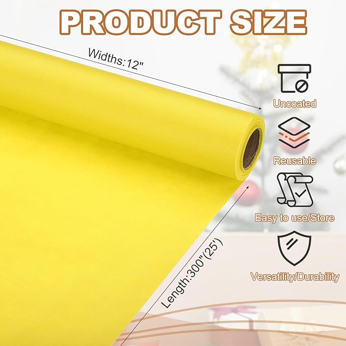 PATIKIL Wrapping Paper, 12" x 300"(25') 70 GSM Craft Paper Roll Kraft Packing Paper for Poster Bulletin Board, Gift Wrapping, Yellow