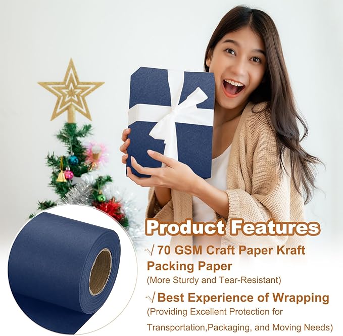 PATIKIL Wrapping Paper, 12" x 500"(42') 70 GSM Craft Paper Roll Kraft Packing Paper for Poster Bulletin Board, Gift Wrapping, Navy Blue