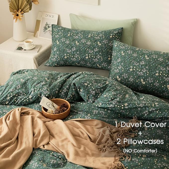 EAVD Premium Soft 100% Jersey Knit Cotton Duvet Cover Green Floral Duvet Cover Queen Vintage Style Botanical Bedding Set for children,teens,boys,girls, women&men Chic Shabby Reversible Comforter Set