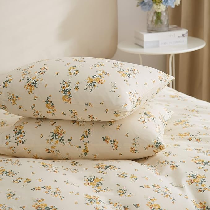 EAVD Garden Style Yellow Floral Duvet Cover King Soft Cotton Bedding Set Chic Botanical Floral Bedding Set with 2 Pillowcases Reversible Aesthetic Comforter Cover for All-Season