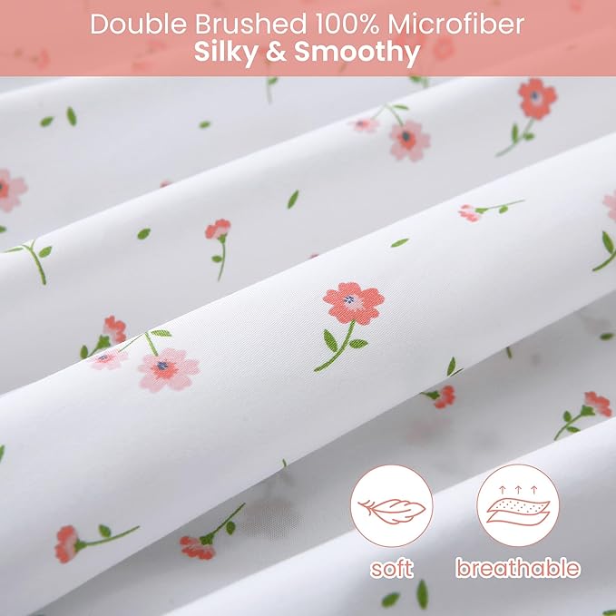 Softan Pink Flower Sheets for King Size Bed - 4 Piece Microfiber Floral Sheet Set with 15" Deep Pocket, Cute Pink Spring Flower Sheets and Pillowcase Set