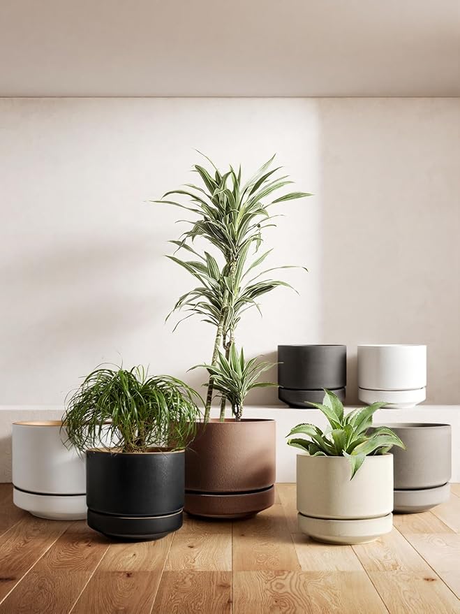LE TAUCI 12 Inch Pots for Plants with Saucer | Ceramic Outdoor & Indoor Planter Pot for Plants | Drainage Hole, Mesh Pad & Plug | Unglazed Porous | Modern for Home, Office and Patio – Neutral Gray