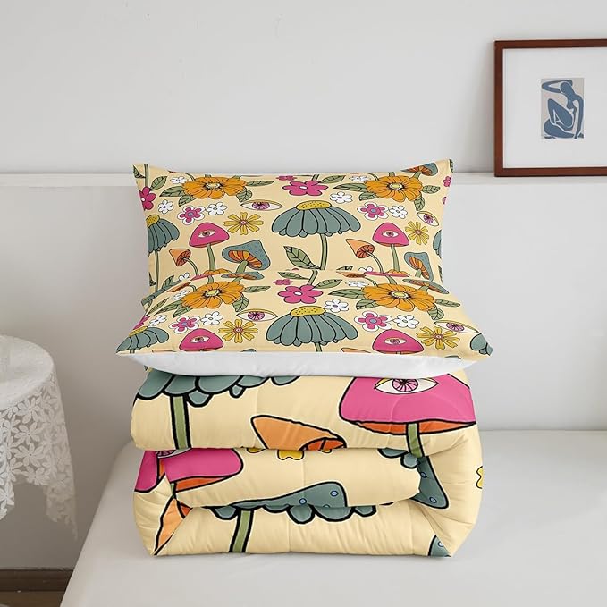 Castle Fairy 70s Retro Floral Comforter Set Full Size,Hippie Flowers Leaves Bedding Comforters for Girls Teens,Cartoon Eyes Mushroom Down Comforter with 2 Pillowcases,Chic