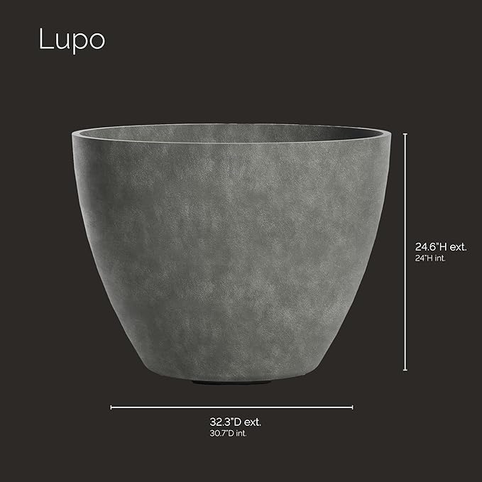 Lupo Tapered Planter – Grey Stone Finish – Fiberglass Indoor/Outdoor and Weather-Resistant Large Planter (32.3" D x 24.6" H Exterior, 30.7" D x 24" H Interior)