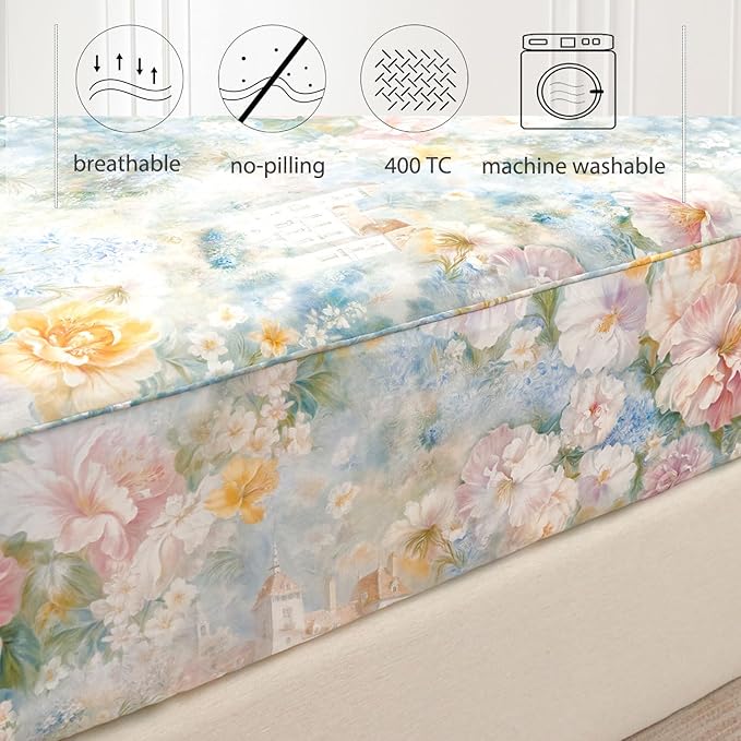 Zusbest King Size Sheets Luxury Floral Bed Sheet Set 100% Cotton, Satin Weave Soft Breathable for Hot Sleepers Romantic Peony Flowery Printed Cottagecore Bedding Deep Pocket 17.5‘’ Bed Set 4Pcs