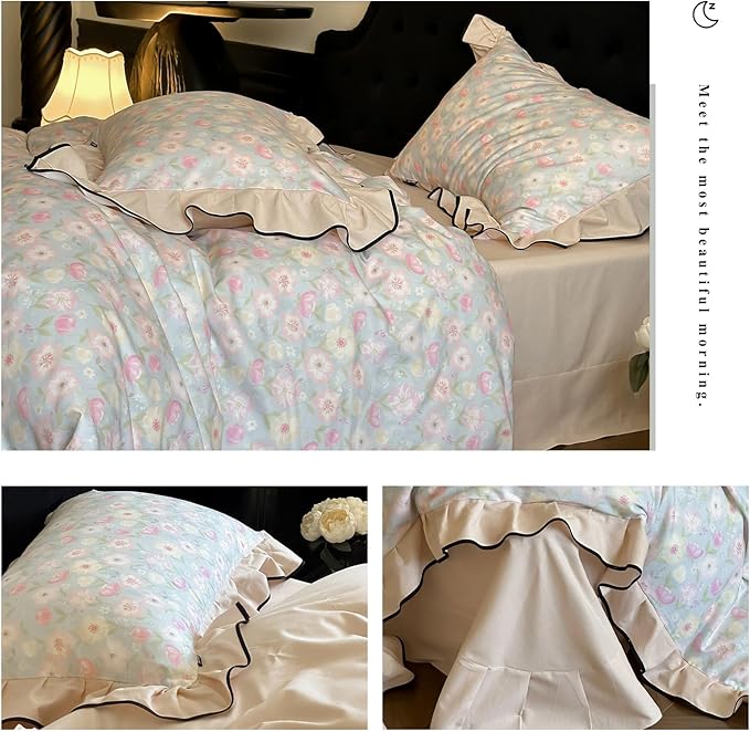 HighBuy Aesthetic Ruffle Floral Duvet Cover Set King,100% Brushed Cotton Soft Durable Reversible Coquette Ruffle Bedding Set,Pink White Floral Bedding Set,Duvet Cover with 2 Pillowcases