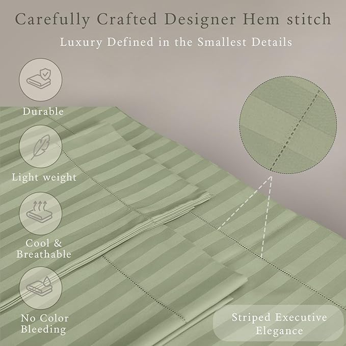 Threadmill 500 Thread Count Full-Size Damask Stripe, 4 Pc Luxury Cotton Bedding Set, Breathable Sage Green Sheets with 16" Elasticized Deep Pocket, 2 Pillowcases & Free Tote Bag